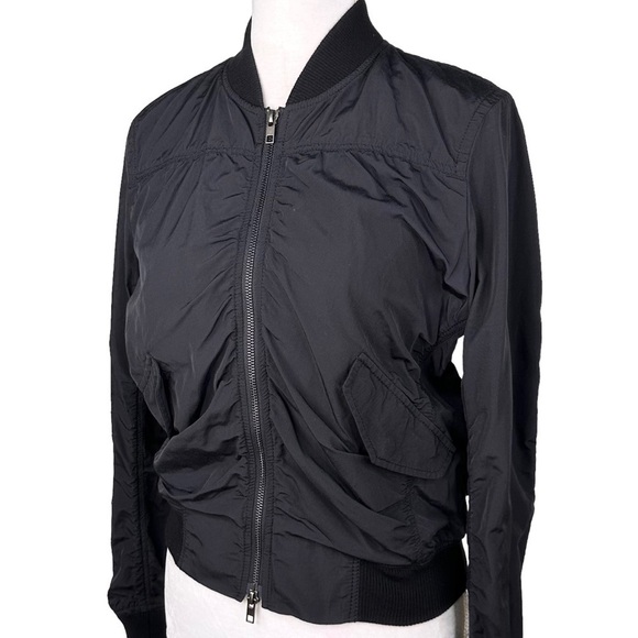 Vince black ruched bomber jacket pockets ribbed neck cuffs small - Picture 4 of 16